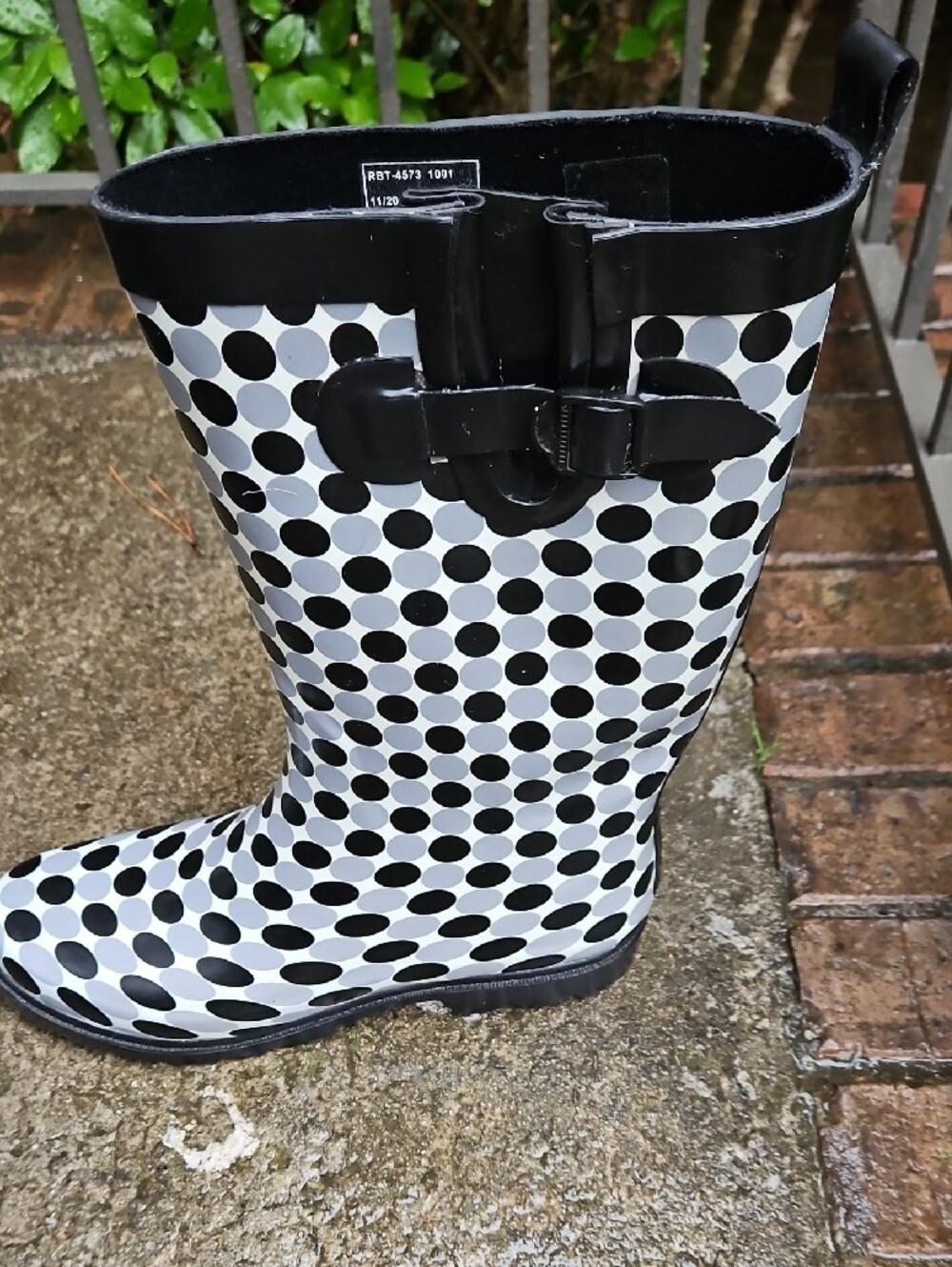 Capelli of New York Black Grey White Polka Dot Tall Rain Boots Size 12